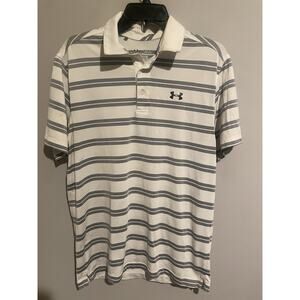 Under Armour Polo Heat Gear Groove Striped Top Tech Golf Shirt White Medium